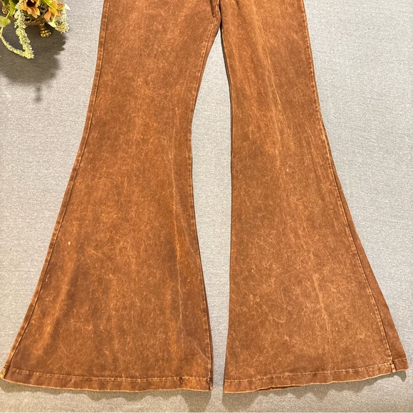 Chestnut Brown Boho Mineral Wash Flared Bell Bottom Stretch Pull On Pants Womens - Picture 7 of 15